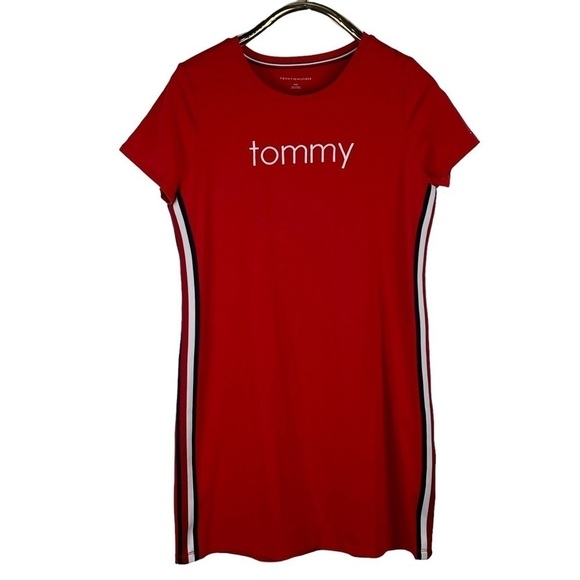 TOMMY HILFIGER LOGO SIDE STRIPE RED COTTON BLEND SHORT SLEEVE TEE SHEATH DRESS - Picture 3 of 15